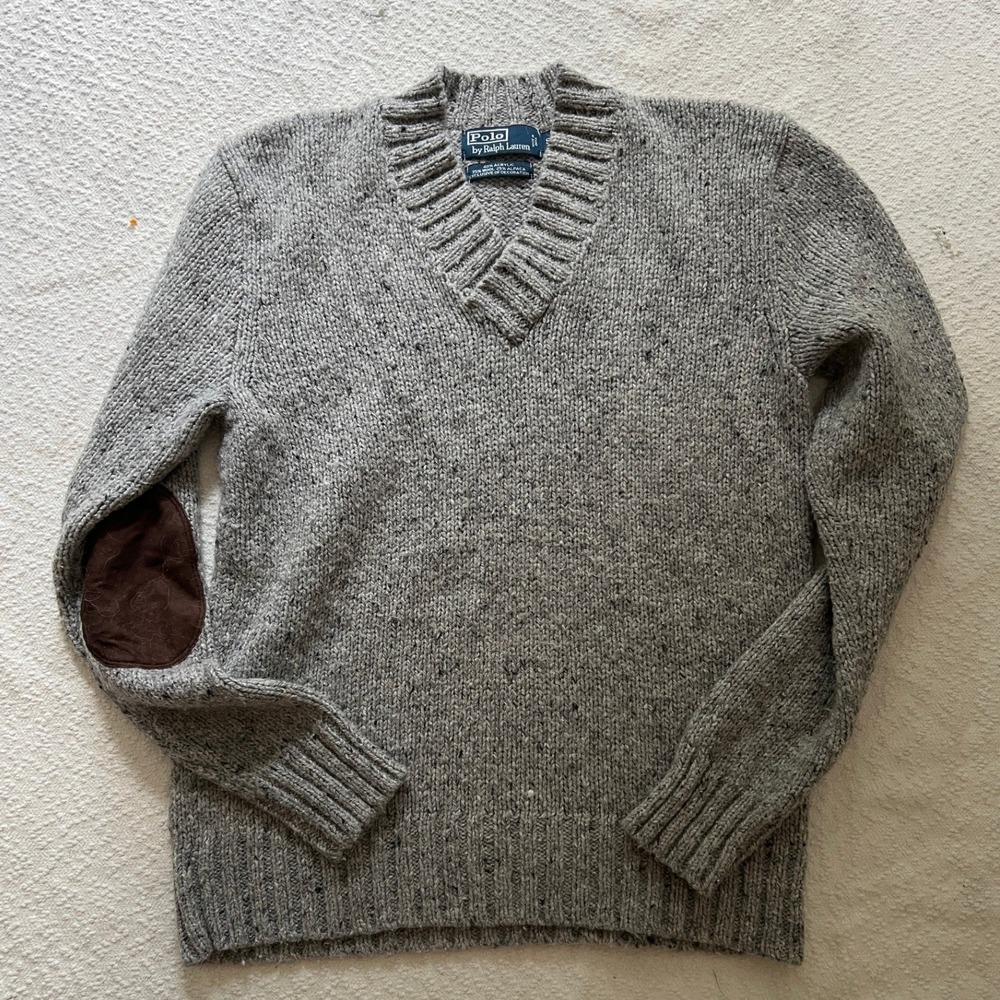 Polo Ralph Lauren Alpaca Wool Blend Elbow Patch Sweater Grey V-Neck Small